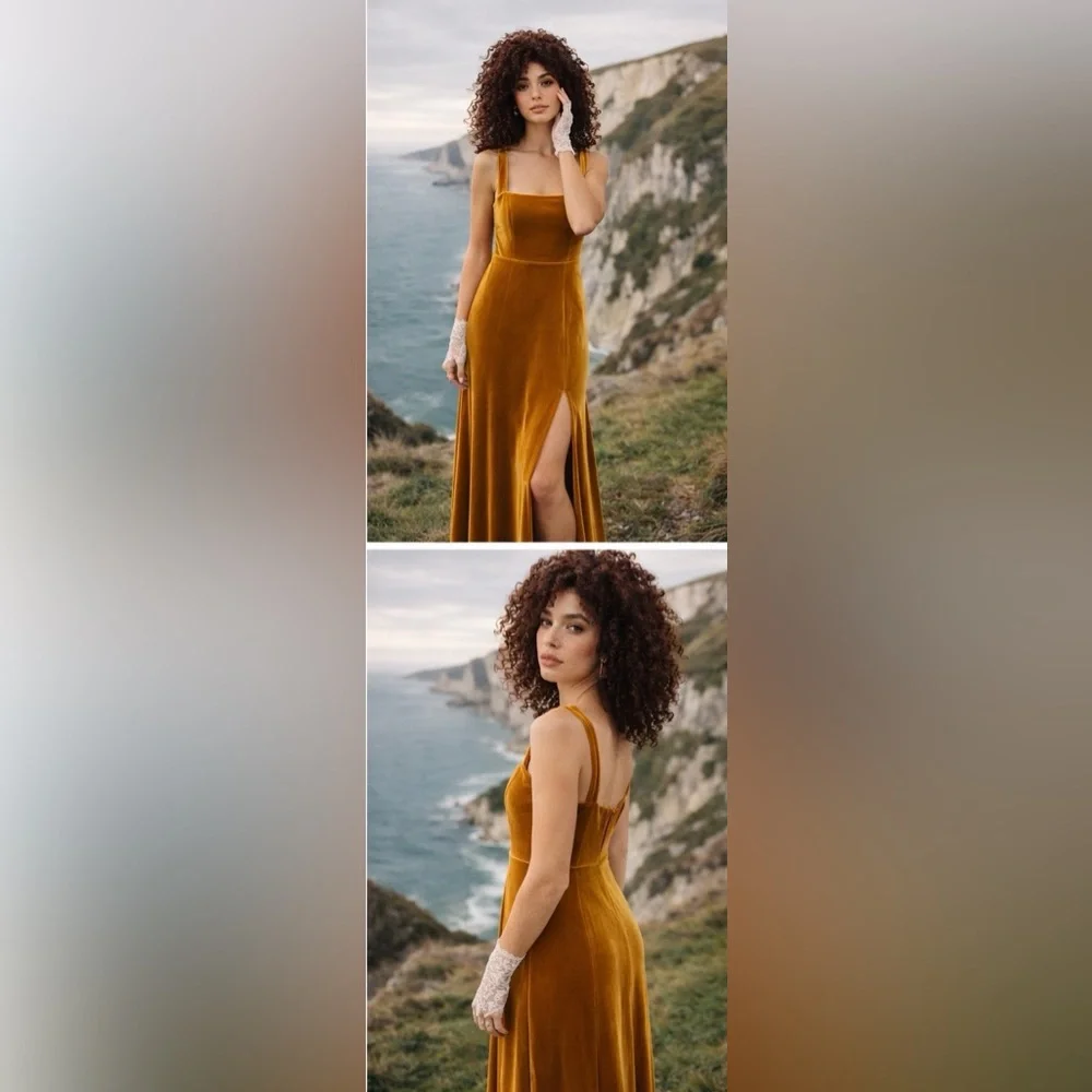 EUC JENNY YOO Velvet Bridesmaid Gown Marigold Gold Size 6 Square Neck Maxi - Picture 2 of 9